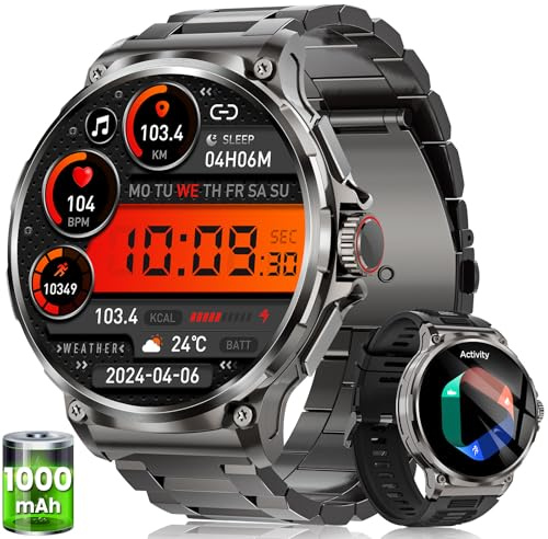 Reloj Inteligente Hombre con 1000mAh Batería, 1.92 AMOLED, 5ATM Impermeable Smartwatch Militar con Llamadas, 120+ Modos Deportivos, 24/7 Pulsómetro/Sueño/Podómetro Pulsera Actividad Android iOS Negro