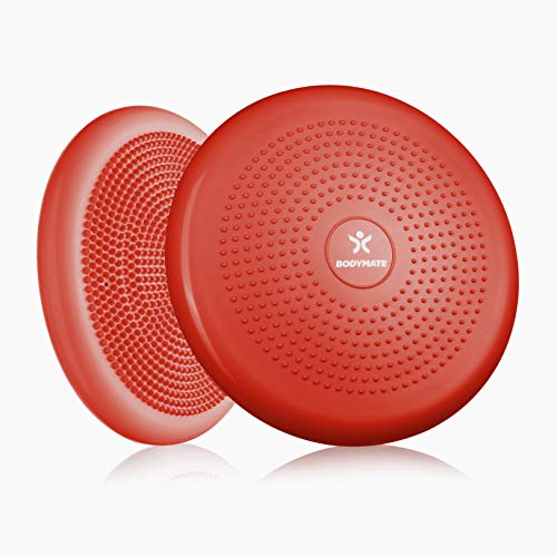 BODYMATE Coussin d'assise ballon avec pompe rouge poivré de 34 cm de diamètre - Coussin d'équilibre, coussin d'air, coussin d'équilibre, coussin à picots - Entraînement du cœur, du fitness, de la
