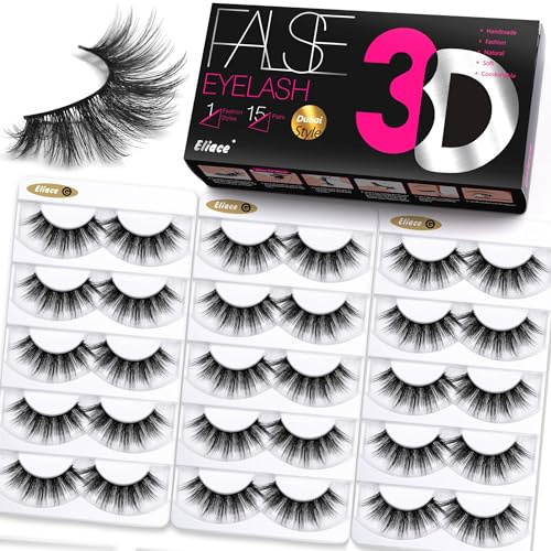 Eliace False Eyelashes Natural look 14mm, 15 Pairs Cat Eye Lashes Wispy Strips, 3D Mink Lashes Fake Eyelashes Fluffy Volume Dramatic Thick Cross Wispies Lash Thin Soft Band Comfortable Dubai Style