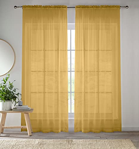 Enhanced Living Gold Voile Curtains for Living Room Panel Pair - 57 Wide x 54 Drop - Plain Woven Slot Top Sheer Curtains (57x54) 145x137cm