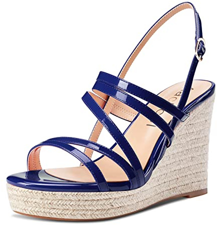 Aachcol Mujer cuña esparto Plataforma Sandalias Abierta Punta Correa Tobillo Slingback Correa posterior Alto High Heel Dress Zapatos Charol Azul marino 10 CM 36 EU
