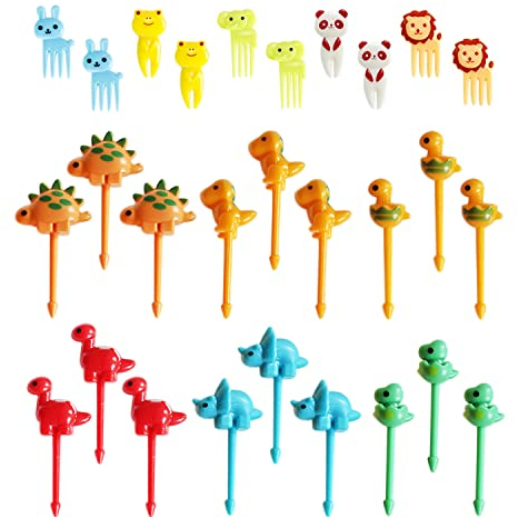 28 forchette da frutta con animali, riutilizzabili, mini stuzzicadenti, in plastica, per frutta, torte, feste per bambini, pranzo, decorazione (colore casuale)