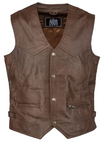 URBAN 5884 Chaleco de Cuero Genuino para Hombre estilo Biker, Chaleco de Piel de Motociclista, Cuero ovino Suave, Chaleco con cierre de Botón, Marrón, XL