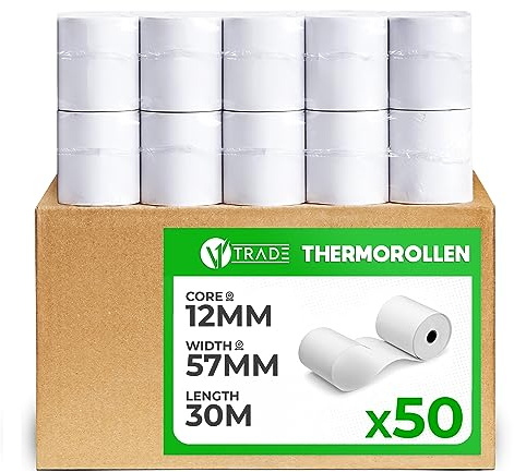 V1 Trade Thermorollen 57mm x 30m x 12mm (50 Stück) - Kassenrollen 57mm Thermo für Registrierkasse - EC Rollen aus Thermopapier 42 g / m2 - Bonrollen Thermo 57mm für Bondrucker