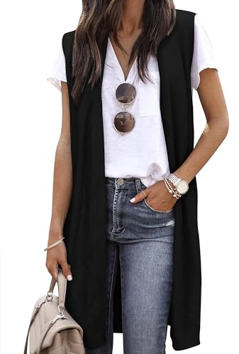 ZXZY Sleeveless Cardigans for Women Cozy Trendy Open Front Sweater Duster Long Vest, Black, Medium