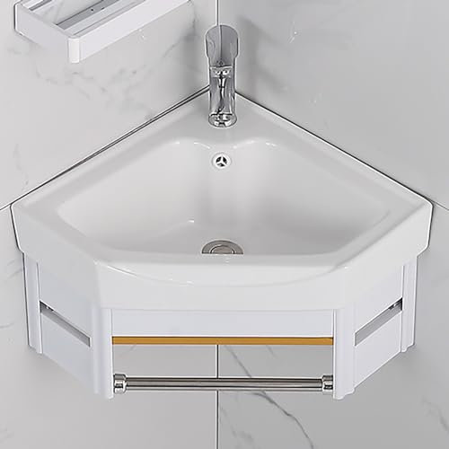 ZDMZR Lavabo Salle de Bain, Vasque d'angle Suspendu Vasque à Poser, Lave Main Gain de Place, Mini Lavabo en Céramique Blanche avec Trop-Plein (Color : Water Faucet, Size : 38cm/15in)