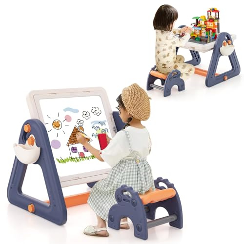 GOPLUS Table Enfant avec Chaise, Tableau Enfant Double Face avec 6 Marqueurs, 1 Gomme, 6 en 1 Table de Dessin d’Activités Pliable avec 160 Blocs de Construction, Charge 75KG, pour 3+ Ans