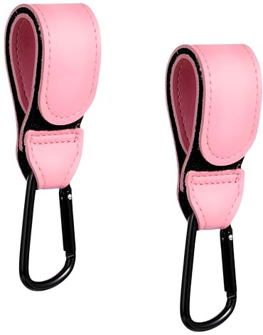 2Pcs Buggy Clips for Pram Set, PU Leather Pram Clips for Bags，Black Pram Hooks for Bags, Suitable for Mommy Diaper Bag/Pushchair/Shopping Grocery/Backpack/Outdoor Use (Pink)
