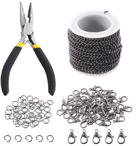 Keadic Kit di 102 catene per la creazione di gioielli da 9,2 m, larghezza 3 mm, catena a maglie intrecciate, chiusure a moschettone, anelli aperti e pinze per gioielli, per bracciali, orecchini,