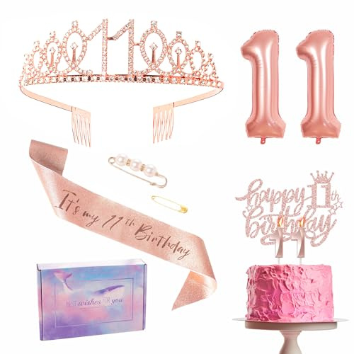 Décoration d'anniversaire 11 ans en or rose pour fille. Couronne gâteau d'anniversaire. Ballons en aluminium n° 11. Bougie pour son onzième anniversaire.