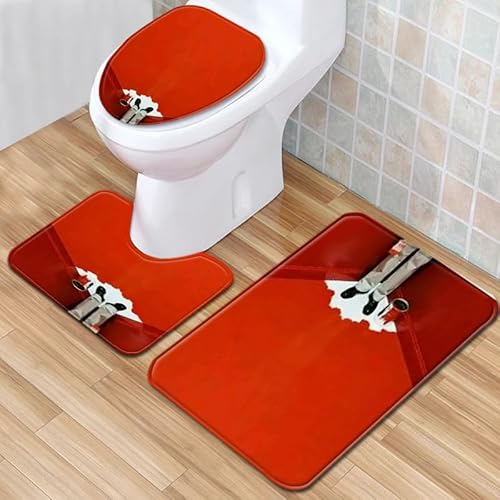 Bad Teppiche Set 3-Teiliges Abstraktes Rot WC Vorleger Mit Ausschnitt Badematte Saugfähig WC Deckelbezug Badvorleger rutschfest Waschbar Toilettensitzbezug Badgarnitur (45x75cm)