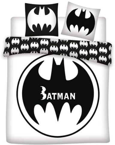 Aymax Batman Logo Double Bedding Set, Reversible Duvet Cover 240 x 220 cm + 2 Pillowcases 65 x 65 cm, Polycotton, Black and White
