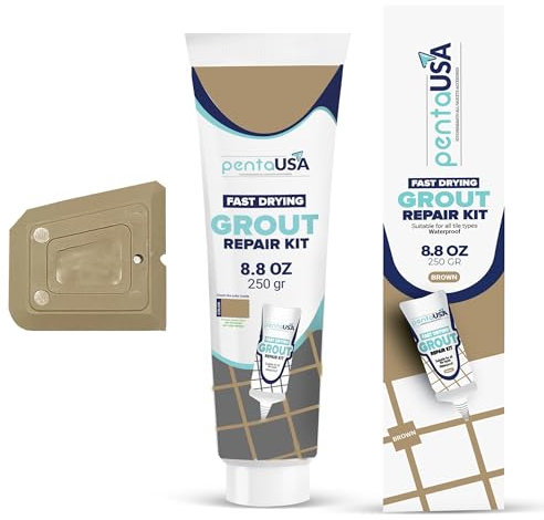 PentaUSA Blanqueador de Juntas - Juntas Azulejos, Kit de Reparación de Juntas, Reparación de Escapadas, Lechada Tubo, Reparación y Renovación, Mortero Azulejos - Con Espatula - 250g (Marrón)
