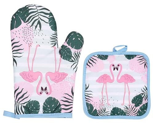 Guanti da forno e presine, 2 presine e guanti da forno resistenti al calore, guanti da cucina, guanti da forno, accessori da cucina per cucinare, barbecue, barbecue (fenicottero)