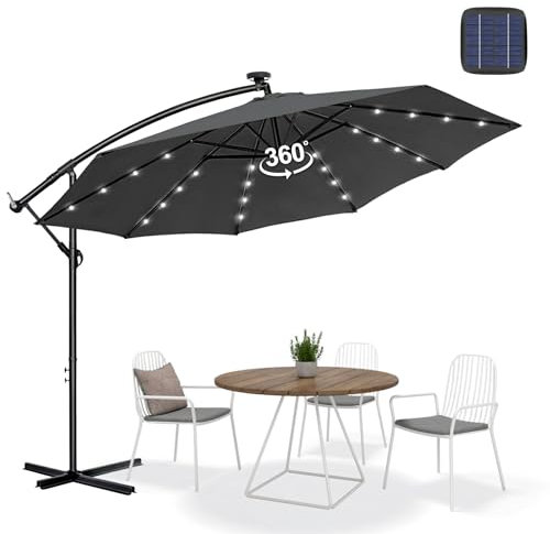 Sonnenschirm Ø350 cm mit LED | Ampelschirm Gartenschirm UV-Schutz & wasserdicht | Kurbelschirm Marktschirm 360° drehbar & windstabil | Sonnenschutz für Garten & Terrasse – Anthrazit