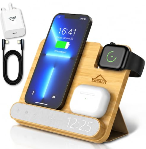 Apple Wireless Charging Station 3 in 1 with Clock & 30W Adapter–Qi Charger for iPhone 8–16, Apple Watch, AirPods–Compatible with Samsung–Bamboo/Walnut Wireless Charger (Bamboo)