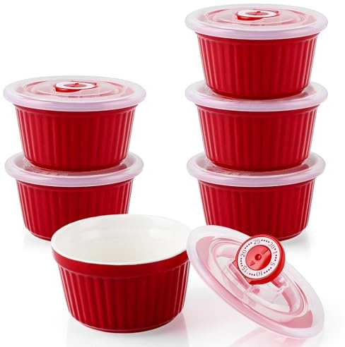 LDXDRU 6er Souffle Förmchen Backofenfest 200ml Creme Brulee Schälchen Auflaufförmchen-Set aus Porzellan mit Deckel Keramik zum Anrichten, Mini Porzellan Auflaufform für Desserts, Muffins, Pasteten
