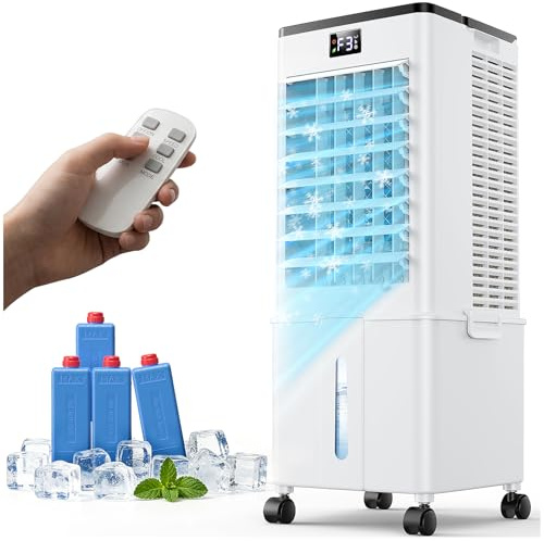 Aire Acondicionado Portátil 10L,4 en 1 Climatizador Evaporativo Ventilador, Enfriador de Aire 4 Modos 3 Velocidades, 12H Temporizador con Rruedas, Enfriador Movil Aire para Hogar Oficina Blanco Perla