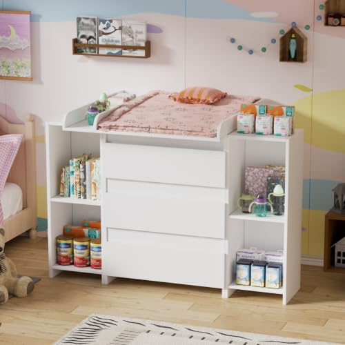 MSFE Table a Langer Bebe,2 et 1 Commode avec Amovible Plan à langer,Compacte Enfant Meuble Tables à Langer avec 3 Tiroirs et 6 Ouverts,Convient pour une Chambre d'enfant,73x70x78cm/113x32x70cm,Blanc
