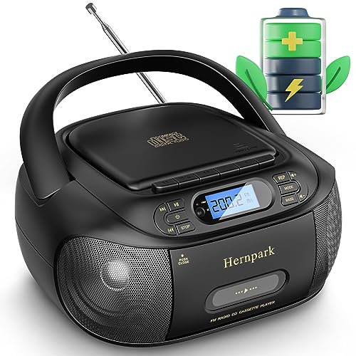 Hernpark CD Cassette Player Combo, Rechargeable Boombox with Bluetooth 5.1, Tape Recording, FM Radio, Super Bass, Stereo Sound, Aux/USB Drive, Headphones Jack, Boom Box for Indoor Outdoor
