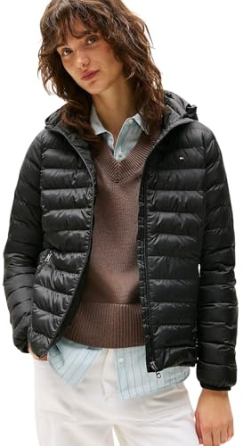 Tommy Hilfiger Damen Daunenjacke Padded Global Stripe Jacket mit Kapuze, Schwarz (Black), XXS