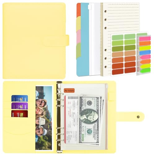 Mlife A5 Notebook Binder Set - 6 Ring PU Leather Planner,5 PCS File Divider,45 Sheets A5 Loose Leaf Paper,Label Stickers,Index Tabs and Clear Cash Envelopes,Personal Organizer Binder(Yellow)