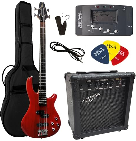 MSA basse electrique rouge transparent, SET Ensemble avec amplificateur 30 watts, sac, cordes, plectre, tuner