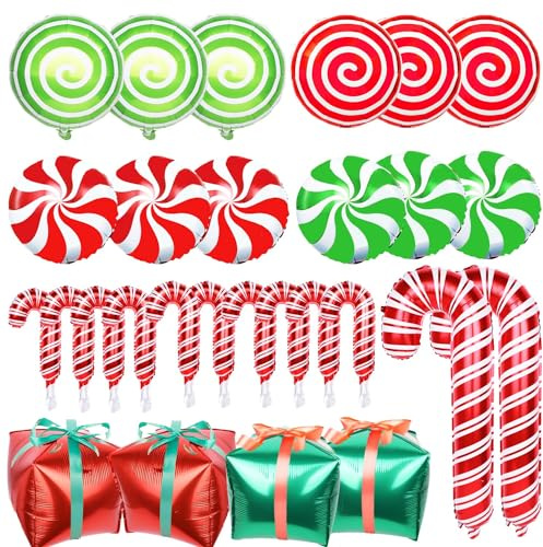 JOLCEEY 28pcs Candy Cane Balloons, Christmas Foil Sweet Inflatable Lollipop Balloons for Christmas Balloon Arch Party Decorations