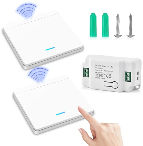 Funkschalter Licht 230V 10A, Funk Lichtschalter Set 200-2000W,Funk-Wandschalter Bis 50m Reichweite, Funktaster Einfache Installation, 1 Empfänger + 2 Schalter