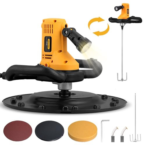 Hanchen Levigatrice per Pareti a Cazzuola Elettrica 1680W Lucidatrice per Malta Cementizia Concrete Multifunzionale Agitatore per Calcestruzzo con Barra di Agitazione Spugna Carta Vetrata