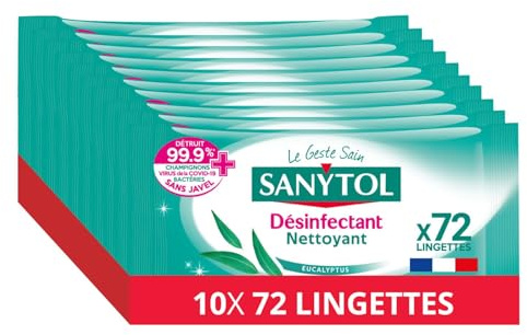 Sanytol - Lingettes Désinfectantes Multi-Usages - Eucalyptus x72 - Lot de 10 - Bactéricide, Virucide, Fongicide - Sans Javel, Fabrication Française, 100% Fibres d’Origine Végétale
