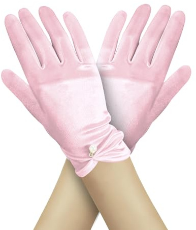 LuckyOpt Guanti in raso, ricerca di perline, guanti corti elastici, guanti da sposa, guanti di perle per la cena di nozze, Colore: rosa., Taglia unica