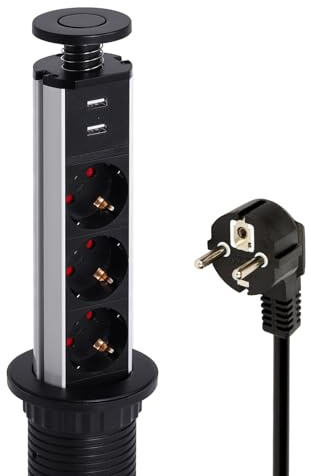 LEUTED 3 Fach Versenkbare Steckdose Überspannung, Versenkbare Steckdosenleiste mit USB, 1.8m Kabel, Schreibtisch Steckdose Versenkbar für Arbeitsplatte Küche Büro, Ø60 mm, Schwarz
