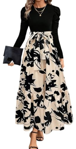 shownicer Vestito Donna Abito Maniche Lunghe Scollo a Rotondo Midi Abiti Elegante Casual Vestiti Lungo Vintage Vita Alta Vestiti Autunno