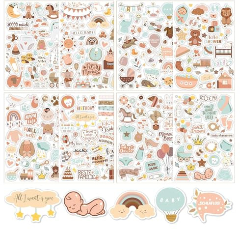 204 pegatinas para álbumes de recortes, 8 hojas, pegatinas de bebé, pegatinas para álbumes de fotos para niños y bebés, pegatinas de scrapbooking para personalizar pegatinas de nacimiento, bebé, álbum