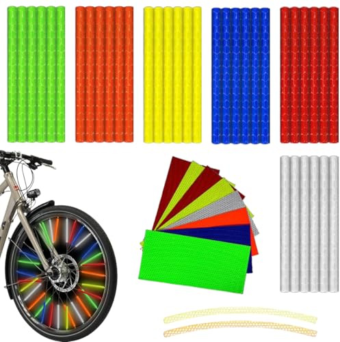 Paquete de 72 Cubiertas para radios de Bicicleta + 8pcs parch de reflejo, Tiras Reflectantes de Colores, reflectores de Bicicleta con Visibilidad de 360°, fáciles de Instalar y Reutilizables