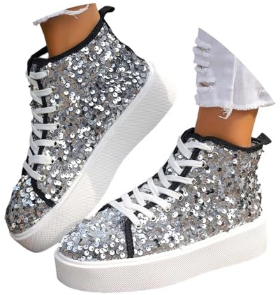 EQWIGKEIT Scarpe con brillantini, da donna, classiche, scarpe da ginnastica piatte per il tempo libero, scarpe da passeggio, con paillettes, scarpe da corsa leggere, traspiranti, lucide, A16 argento