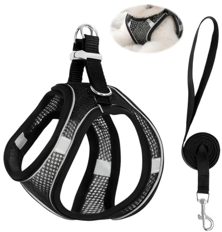 Harnais pour Petit Chien et Chiot XS – Maille Souple Respirante – Step-in Facile avec Scratch et Boucle – Bandes réfléchissantes pour promenades Nocturnes – Noir