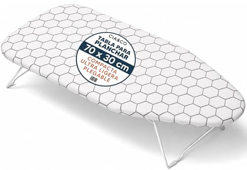Asse da Stiro Compatto da Tavolo 70x30 cm, Pieghevole con Piedini Antiscivolo e Gancio, Ultra Leggero 650 g, Rivestimento in Cotone Imbottito, Ideale per Piccoli Spazi, Viaggio e Airbnb
