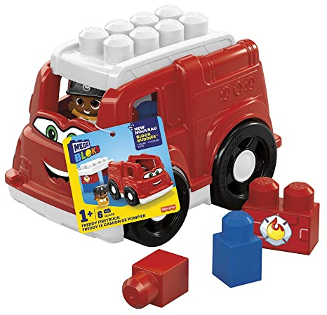 MEGA BLOKS Toddler Building Blocks Fire Truck with 1 Block Buddies Figure, Freddy Firetruck for Toddlers 1-3