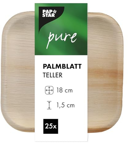 PAPSTAR 25 Teller, Palmblatt Pure eckig 18 cm x 18 cm x 2 cm, Natur