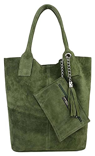 ITALYSHOP24 Made IN Italy Damen XXL Leder Tasche + Schmucktasche Handtasche Wildleder Shopper Schultertasche Fransen Umhängetasche Quaste Kette DIN-A4 Hobo Tote Bag Olivgrün