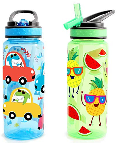 Home Tune 23oz Kids Water Drinking Bottle 2 Pack - BPA Free, Flip Straw Lid Cap, Lightweight, Carry Handle, Leak-Proof Water Bottle with Cute Design For Girls & Boys - Dinosaur & Fruit