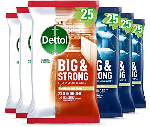 Dettol Antibacterial Biodegradable Kitchen & Bathroom Cleaning Wipes, 150 Count, Pack Of 6, Power Pure, Eco-Friendly, Multi-Surface, Effective Germ Protection, 3 X 25