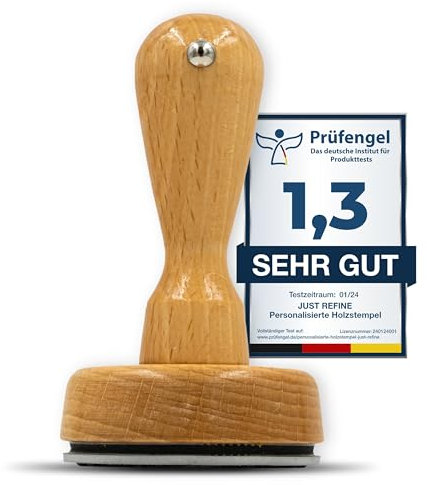JUST REFINE® Stempel Personalisiert mit Logo/Text - Holzstempel Selbst Gestalten für Firmen, Adressen & Datumsangaben, in Verschiedenen Größen Verfügbar (50mm)