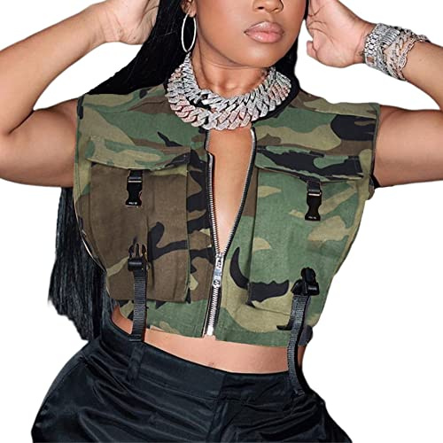 LETSVDO Women Camo Vest Cargo Buckle Safari Camouflage Army Fatigue Military Tactical Sleeveless Pockets Jogging Crop Tank Top Jacket