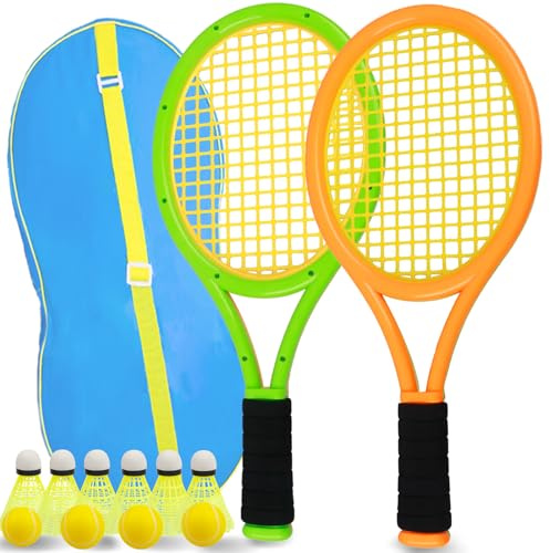 JHuiLap Kids Tennis Racket Set With Carry Bag Includes 2 Safe Plastic Rackets (17 Inch), 4 Sponge Balls & 6 Shuttlecocks, Lightweight for Children Indoor/Outdoor Sports (Orange&Green)