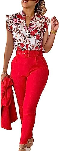 Conjunto de Pantalones de Traje de Negocios de Las Mujeres Versión Delgada del Elegante Traje de Tres Piezas de Verano Impreso Volante Manga Camisa Pantalones cinturón (Estilo 2,M)