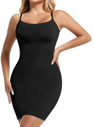 Joyshaper Women Full Slip Tummy Control Shapewear Slip Dress Seamless U-Neck Camisole Under Dress with Adjustable Shoulder Strap Black L