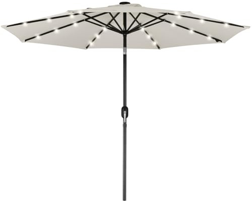 BAKAJI Ombrellone da Giardino Diametro 270 cm con Luci Led e Sistema Antivento, Parasole da Esterno con 8 Ribs Stecche, Airvent, Ideale per Bar, Ristorante, Patio, Balcone, Apertura Manovella (Beige)